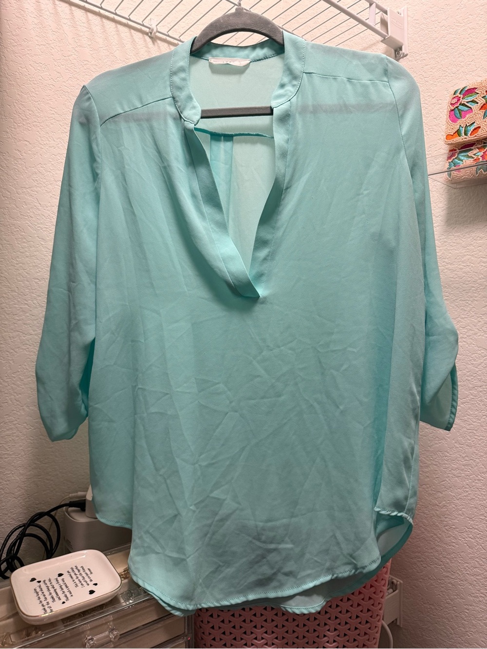 Lush Light Aqua Split V-Neck Blouse